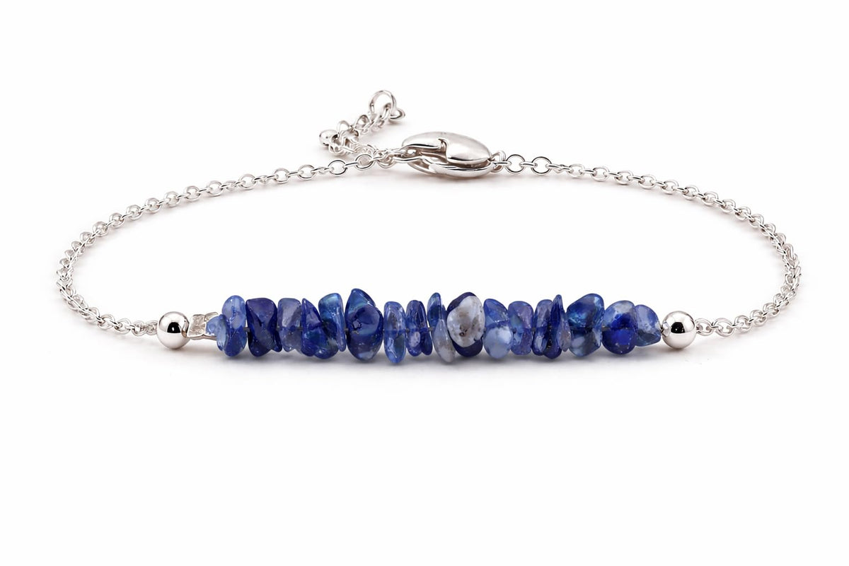 Gempires Natural Gemstone Chip Bar Bracelet for Women, Crystal Healing Bracelet, Multiple Gemstone Options, Adjustable Yellow Gold Plated Chain (7” + 1” Extender), Dainty Stackable Jewelry Gift for Her (Sodalite)