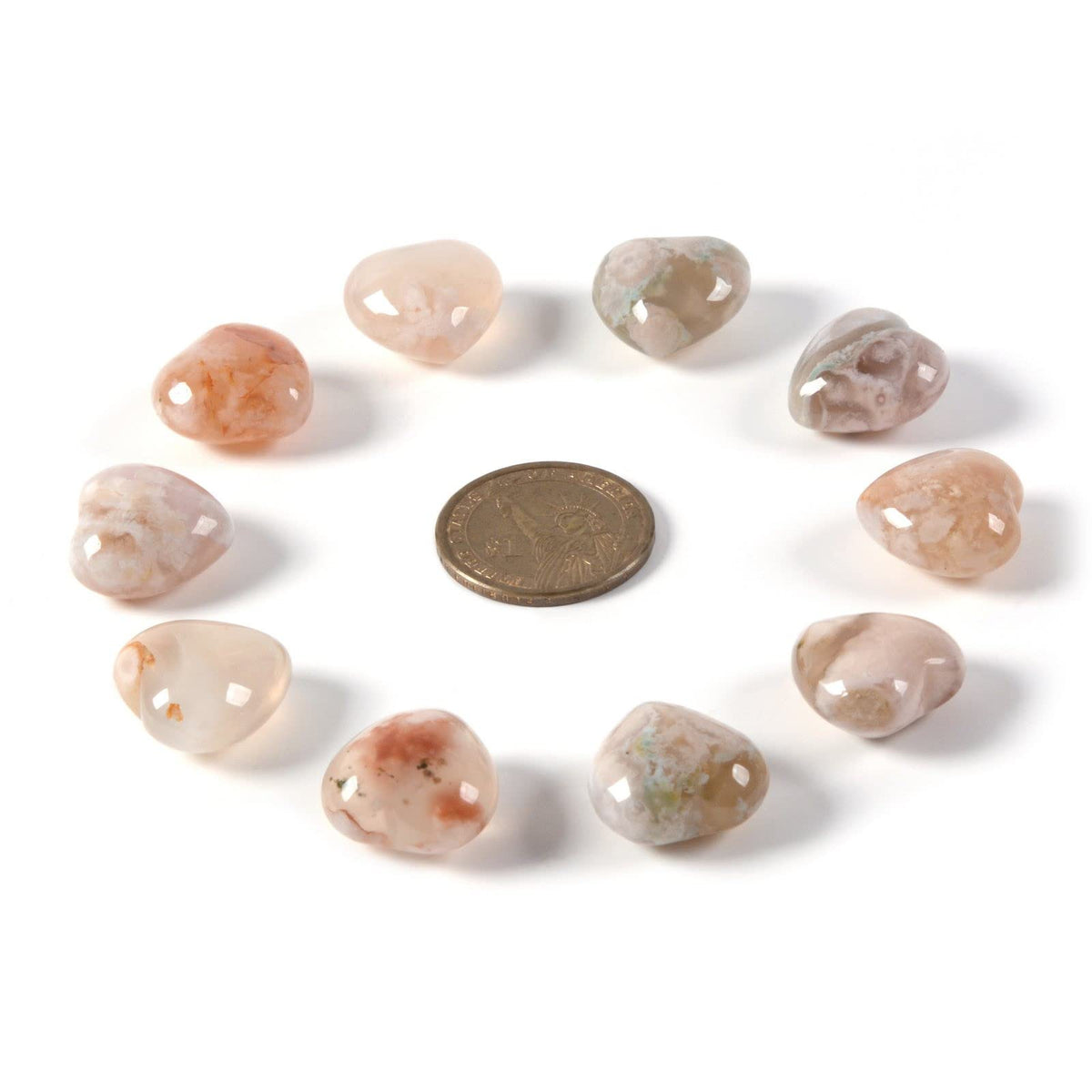 Natural Sakura Agate Gemstone Healing Crystal 0.8" Mini Puffy Heart Pocket Stone Iron Gift Box (Pack of 10)