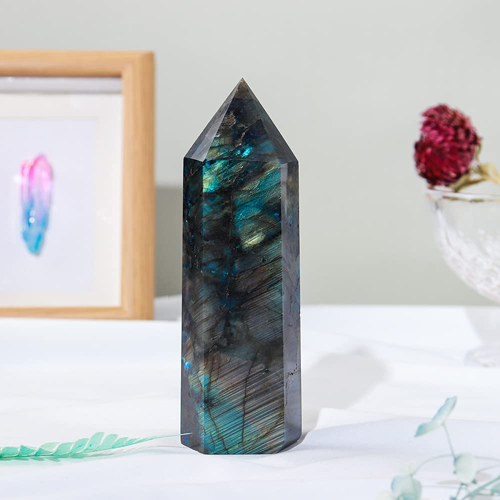 Runyangshi Large Labradorite Healing Crystal Wand 4.72"-5.12" Crystal Tower 6 Faceted Single Point Crystal Prism Wand Natural Quartz Stones for Meditation Reiki Chakra Therapy Home Decor Gift