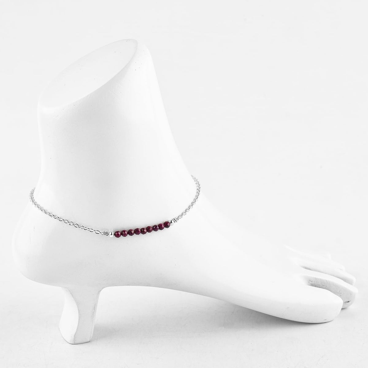 YANARA Ruby Ankle Bracelet for Women, Natural July Birthstone, Pink Gemstone Beaded, Handmade Dainty Anklets - Large Ankle Silver Plated Waterproof Anklets 9"+1.25" inch Chain, Chakra Energy Crystals