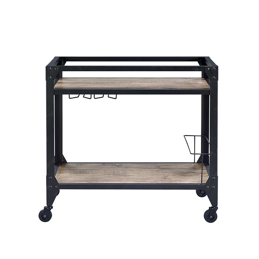 Qwtrvlizi Rustic Oak and Charcoal 2-Shelf Serving Cart