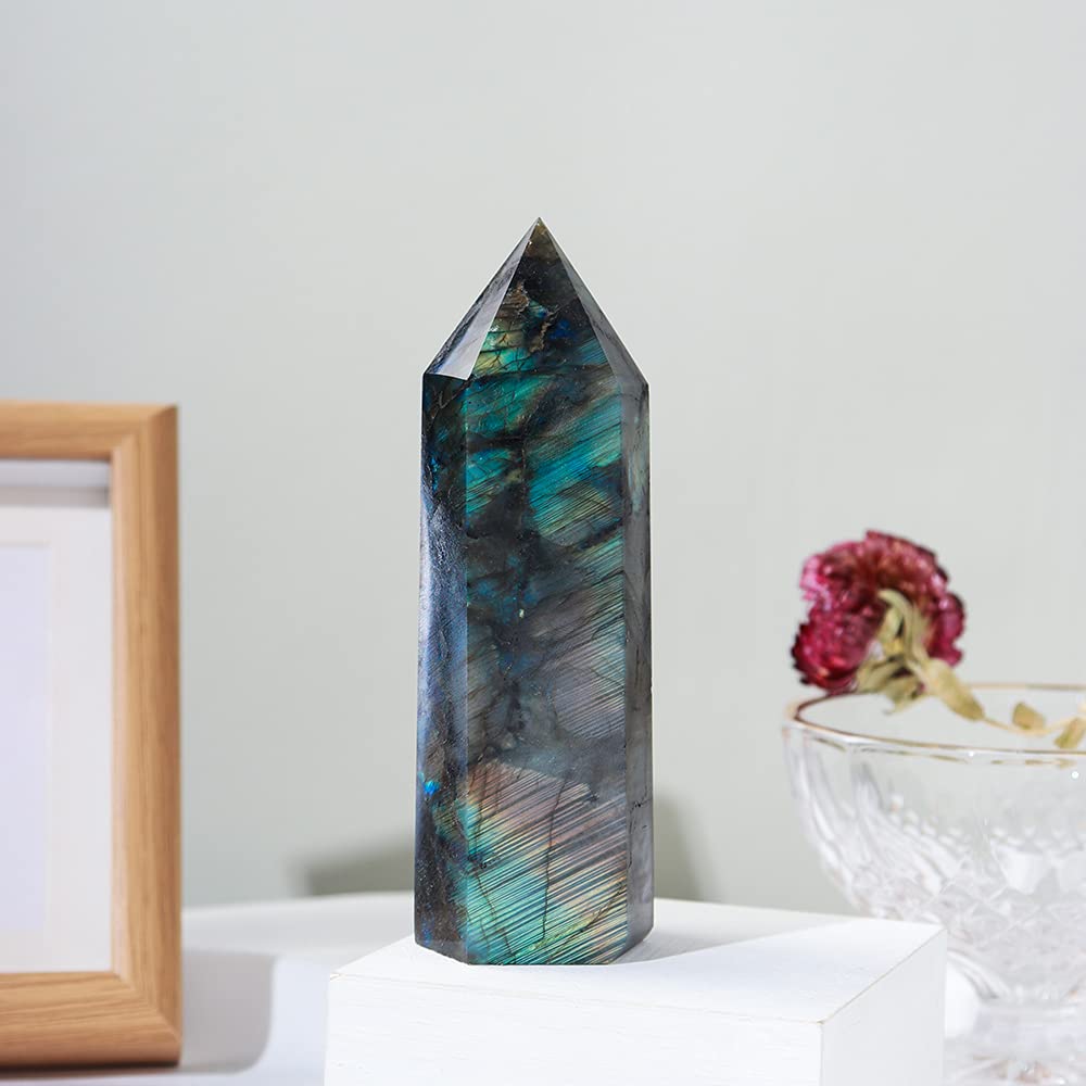 Runyangshi Large Labradorite Healing Crystal Wand 4.72"-5.12" Crystal Tower 6 Faceted Single Point Crystal Prism Wand Natural Quartz Stones for Meditation Reiki Chakra Therapy Home Decor Gift