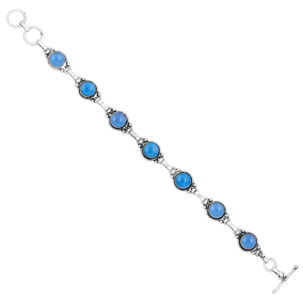 Natural Chalcedony 925 Silver Plated Round Gemstone Bracelet for Women - March Birthstone Vintage Bohemian Style Handmade Link Adjustable Bracelet Gifts for Mom Wife Sister Her