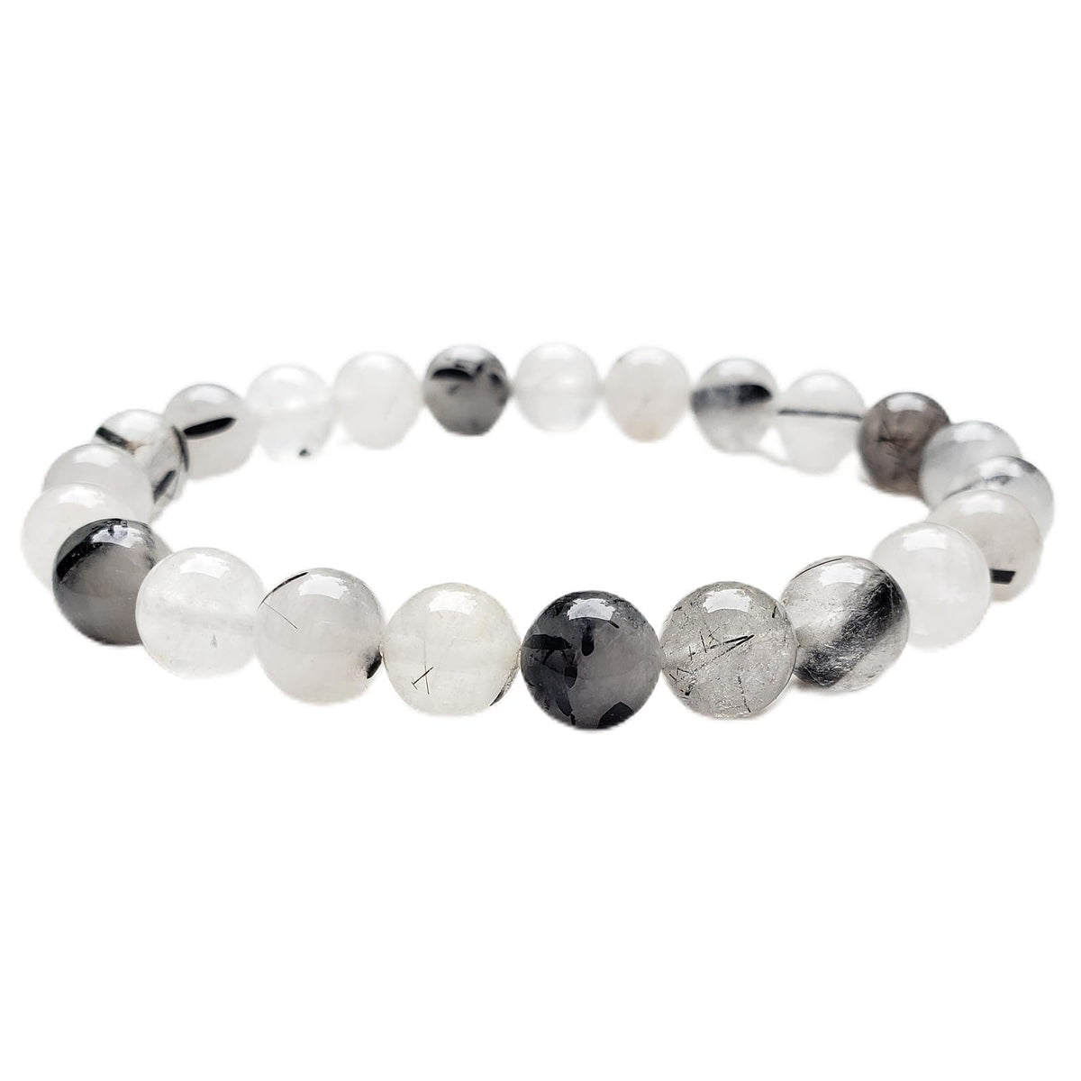 chengmu 8mm Black Rutilated Quartz Stretch Bracelet, Natural Gemstone Round Stone Crystal Beads for Beaded Elastic Bracelet 7.5"