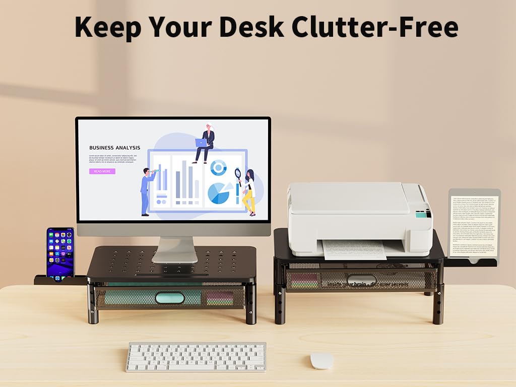 Zimilar Monitor Stand Riser with Metal Mesh Drawer, Height Adjustable with Phone Holder for Computer, Laptop, Printer, Notebook, Computer Monitor Stand with Storage