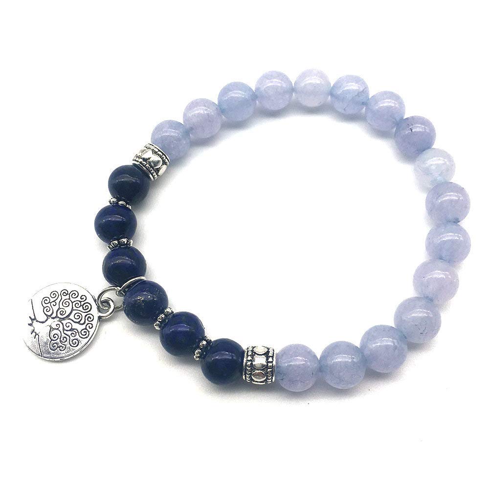 Blue Chalcedony & Lapis Lazuli Bracelet – 8mm Natural Gemstone Beads with Tree of Life Charm – Handmade Stretch Bracelet for Women and Men – Yoga Girl USA