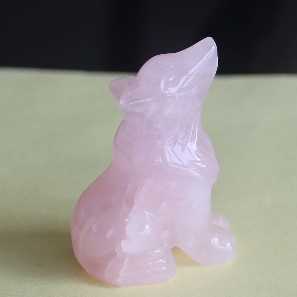 HLbshi Hand Carved Gemstone Crystal Wolf Figurine Animal Statue Carving Office Home Decor Collections 2'' (Pink Rose Quartz)