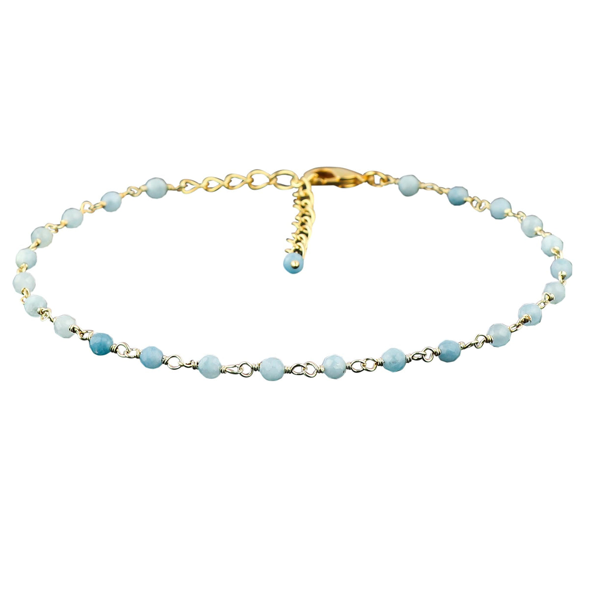 JOR Natural Aquamarine Beaded Rosary Anklet, Handmade Craft, Anklet Beads Bracelet, Chakra Healing Anklet, Gemstone Women Jewelry, Dainty Gold Plated Anklet 9 inch + 1.5 inch (1pcs)