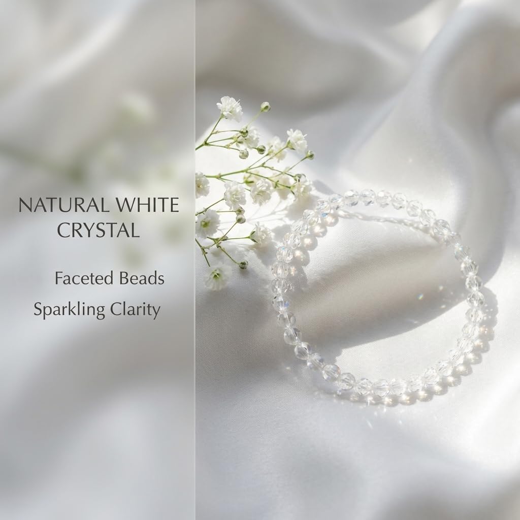 Angelstones Natural Clear Quartz Gemstone Stretch Bracelet, 4mm Faceted Round Beads, Crystal Healing for Women