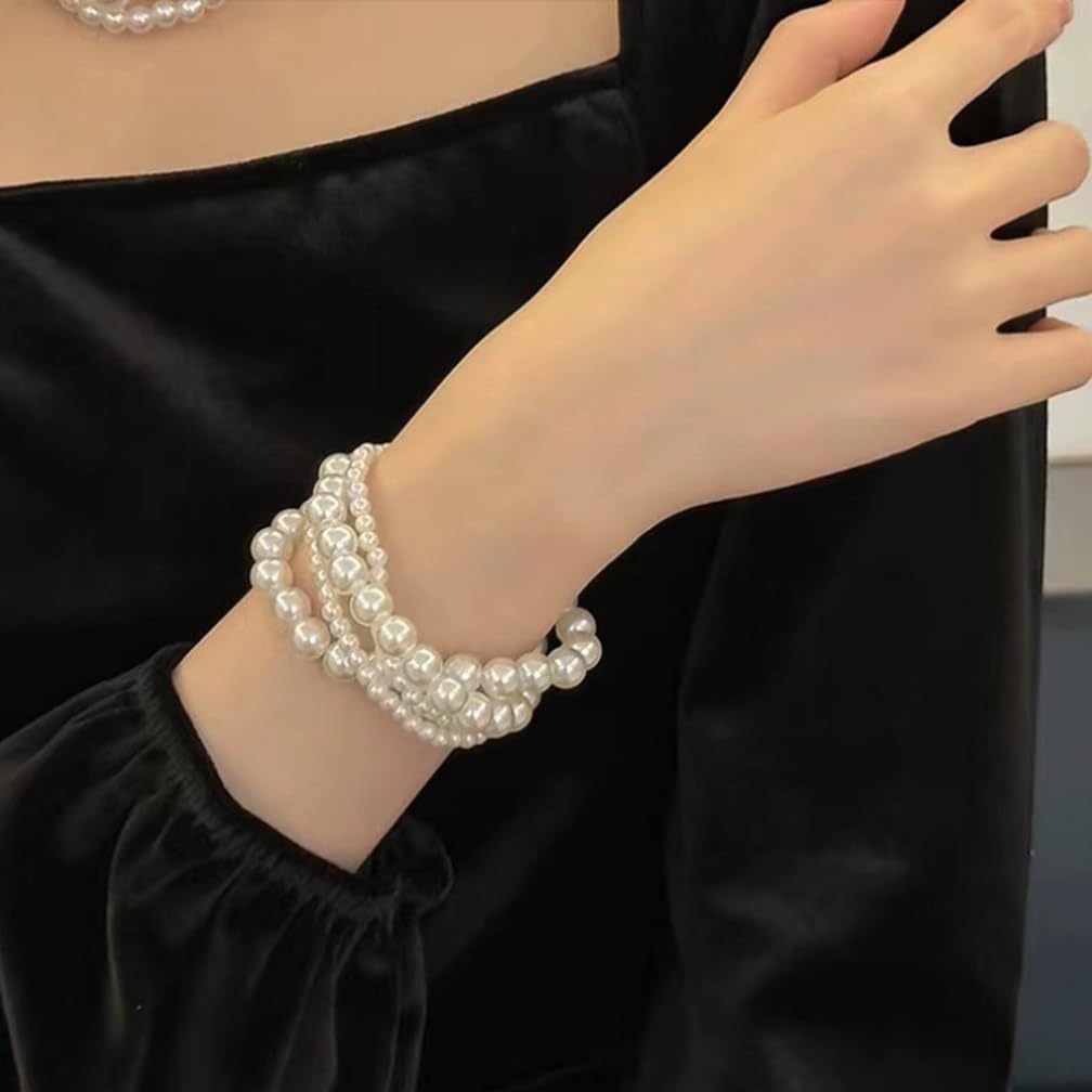 Cute Layered White Pearl Bracelets Sets for Women Fashion Freshwater Pearls Layering Statement Bracelet Stack Strand Beaded Bangles Dainty Aesthetic Jewelry (Pearl-1)