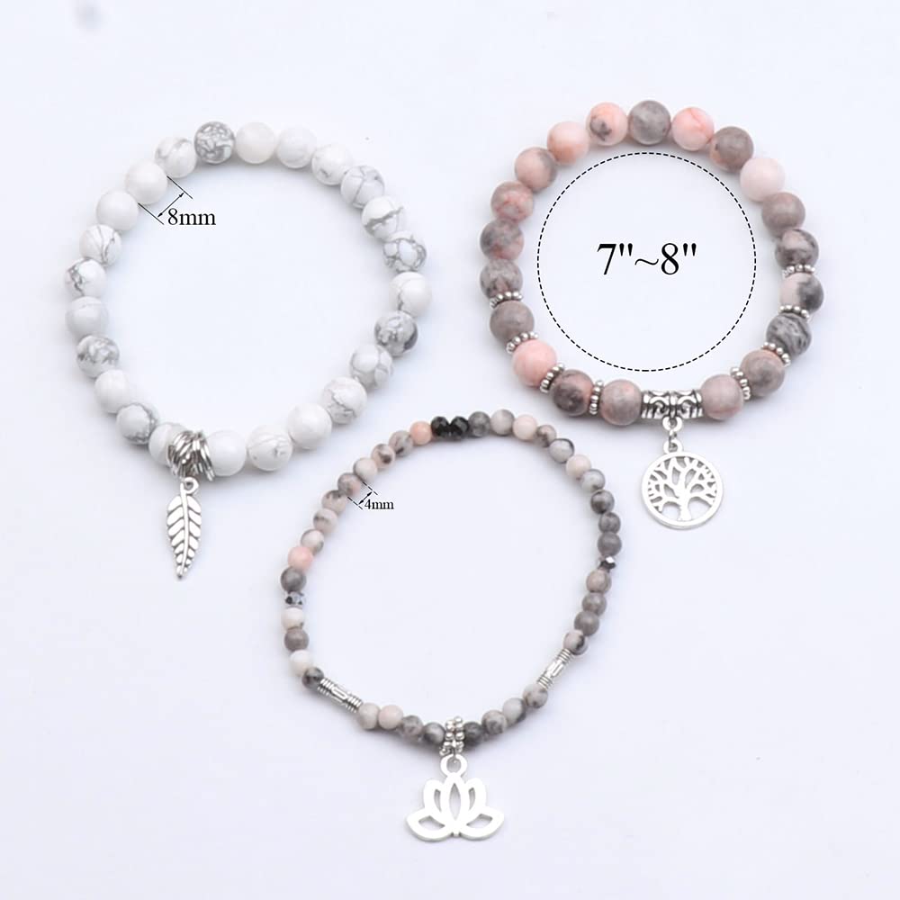 UEUC Tree of Life Yoga Healing Bracelets, Multilayer Lotus Chakra Reiki Bracelet Sets, Anxiety Crystal Natural Stone, for Women Stress Relief (Pink Leopard + White Turquoise)