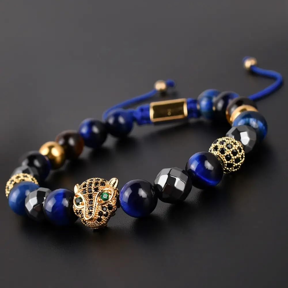 Blue Tiger Eye, Hematite CZ Leopard Charm Bracelet for Men and Women 8mm Natural Stone Beads Healing Crystals for Confidence Protection Focus Grounding Adjustable Braided Cord Spiritual Meditation Jewelry Yoga Gift Anxiety Relief Mindfulness Accessory Uni