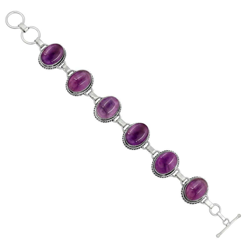 Natural Amethyst Silver Plated Handmade Link Bracelet for Women - February Birthstone Oval Gemstone Adjustable Bracelet Vintage Style Jewelry - Enegagement Wedding Christmas Gifts for Her