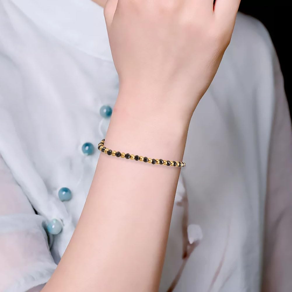 vissen Black and Gold Bracelet Beaded Black Natural Stone Bracelet for Women Black Crystal Gold Plated Bracelets Adjustable Jewellery