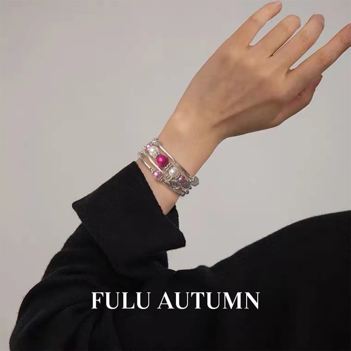 FULU AUTUMN Beaded Pearl Bangle Bracelets for Women Silver Wrap Bangles Bracelet Womens Costume Jewelry Fashion Gift(18-Hot pink)