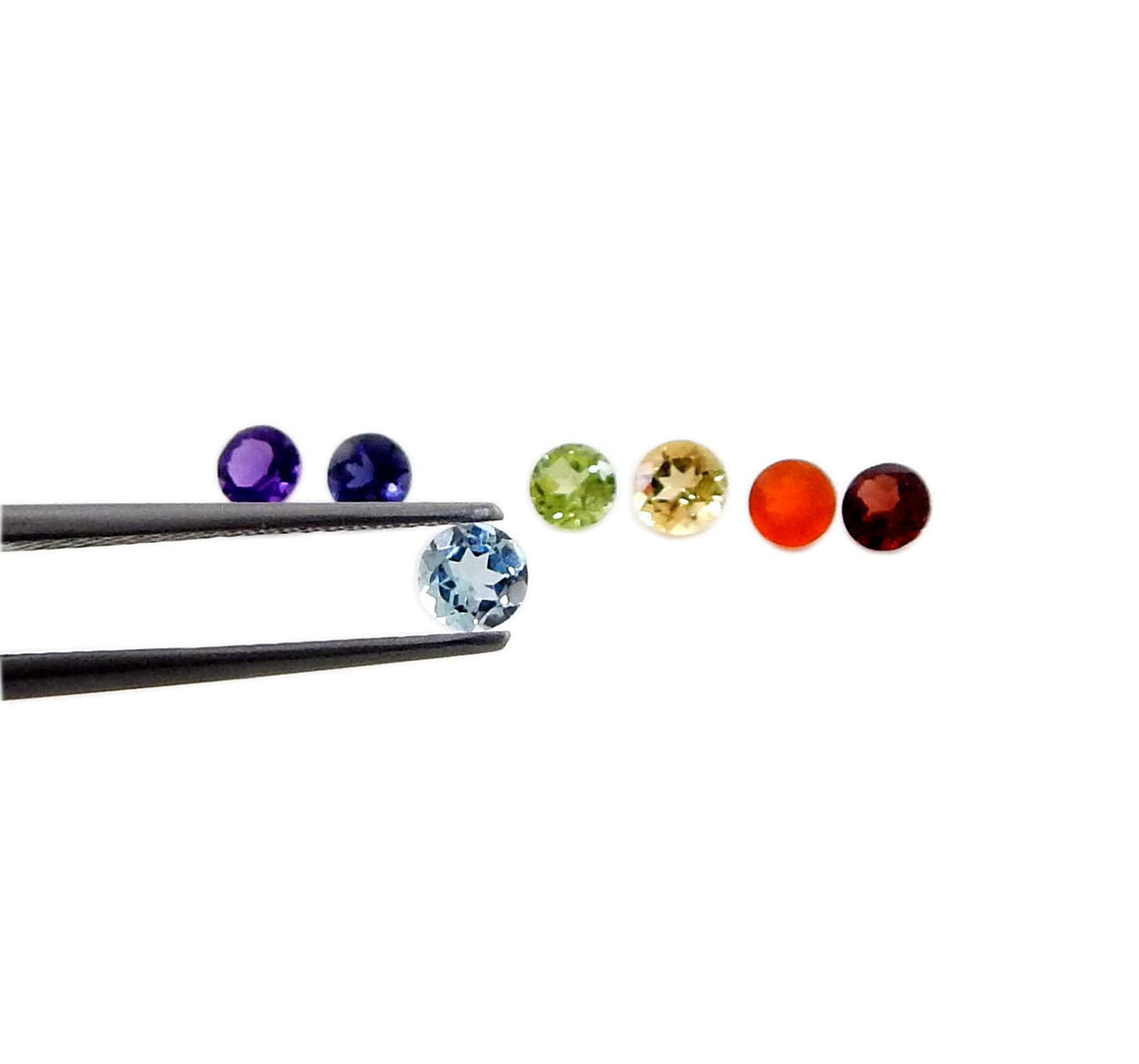 Myhealingworld Natural Amethyst Iolite Blue Topaz Peridot Citrine Carnelian and Garnet 3mm round faceted brilliant cut 7 chakra AAA quality loose calibrated gemstones for jewelry making (BOX 1 - (Round 3mm = 7 Stones)