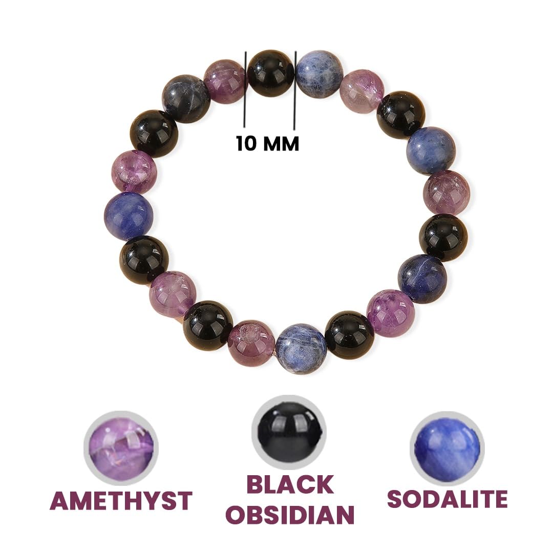 Crystal Vibe Empowerment Strength Confidence Bracelet – Amethyst, Black Obsidian & Sodalite Crystal - 10mm Beaded Bracelets For Men Women – Adjustable Size
