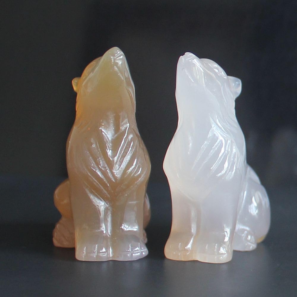 HLbshi Hand Carved Gemstone Crystal Wolf Figurine Animal Statue Carving Office Home Decor Collections 2'' (Gray Agate)