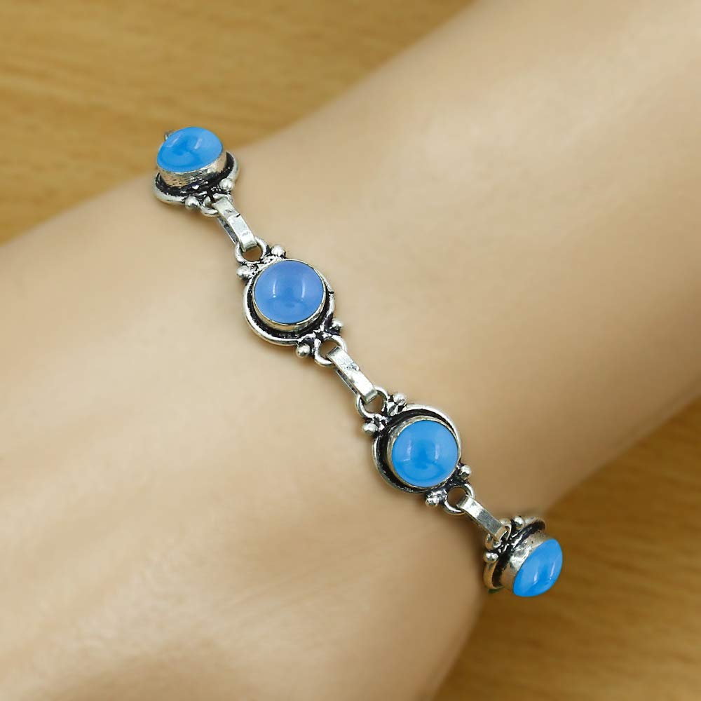Natural Chalcedony 925 Silver Plated Round Gemstone Bracelet for Women - March Birthstone Vintage Bohemian Style Handmade Link Adjustable Bracelet Gifts for Mom Wife Sister Her