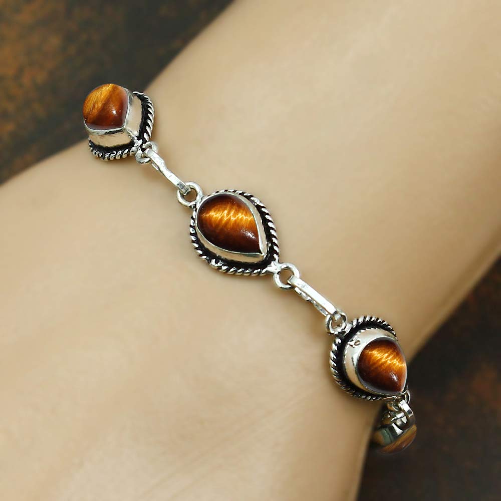 Natural Tiger Eye Silver Plated Link Bracelet for Women - Brown Stone November Birthstone Handmade Vintage Style Adjustable Bracelet - Anniversary Wedding Gifts for Her