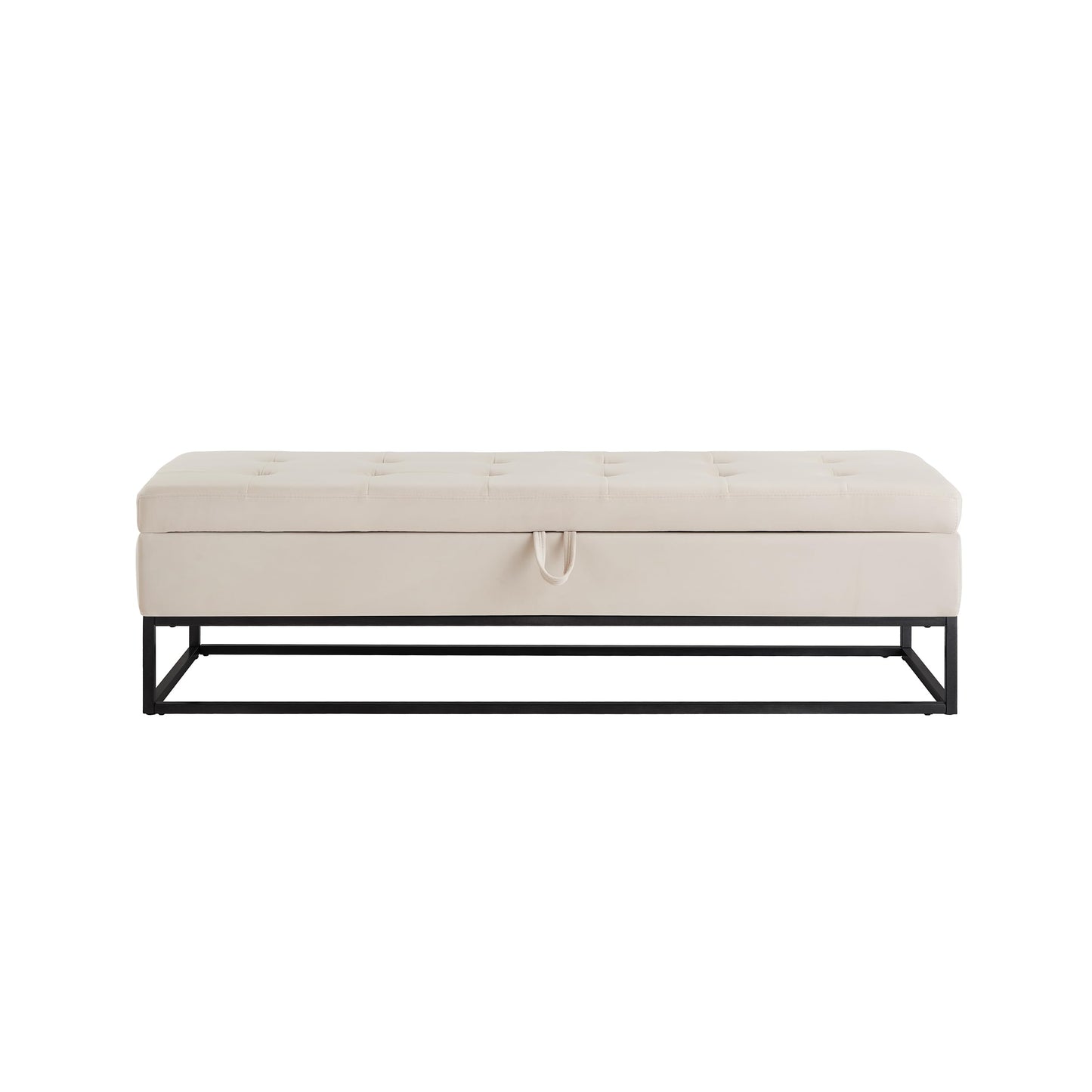 GDFStudio 59" Mid-Century Modern Bed Bench, Storage Ottoman Bench, Large Button Tufting Lift-Top Velvet Ottoman Foot Rest with Metal Base, Upholstered Oversized Pouf for Living Room Bedroom, Beige