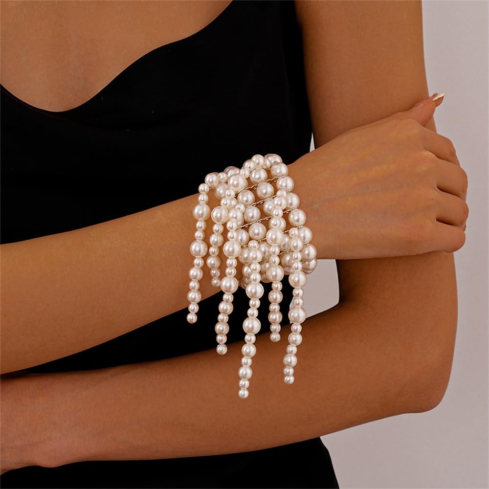 Sither Layerd Pearls Bracelet for Women Boho Large Pearls Stretch Bracelet Jewelry Set for Halloween Christmas Gift