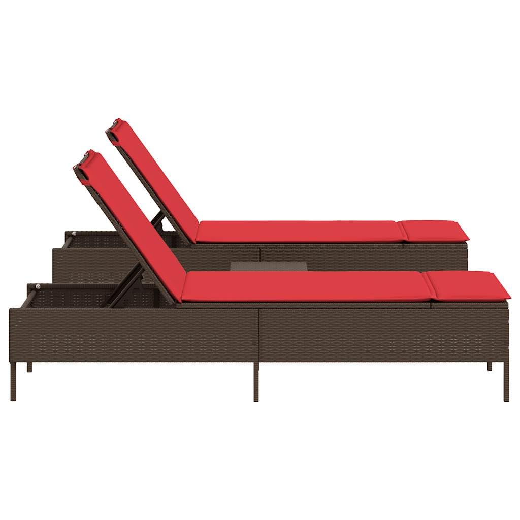 Yisssmeng 3-Piece Patio Sun Lounger Set with Red Cushions, Brown Poly Rattan Outdoor Chaise Lounge Chairs for Garden, Poolside and Terrace, Adjustable Backrest, 2 Pack, Steel Frame