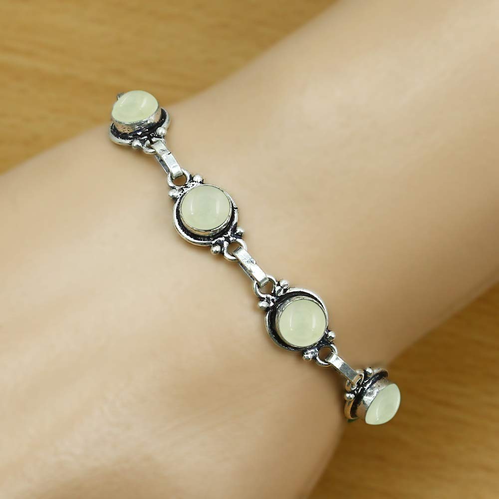 Natural Prehnite 925 Silver Plated Handmade Link Bracelet for Women - Round Gemstones Vintage Style Adjustable Bracelet Women Jewelry Gifts for Wedding Christmas Valentine's Day