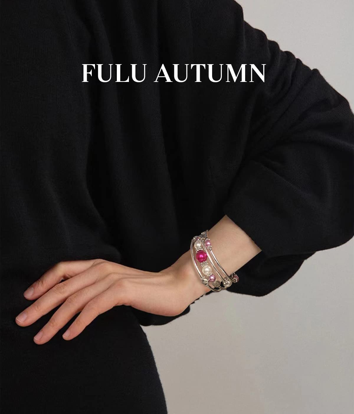 FULU AUTUMN Beaded Pearl Bangle Bracelets for Women Silver Wrap Bangles Bracelet Womens Costume Jewelry Fashion Gift(18-Hot pink)