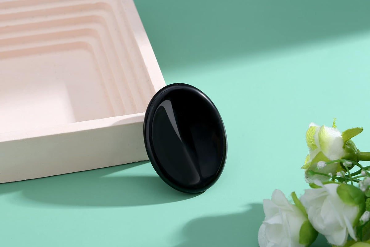 NUKAYAI Thumb Worry Stone Black Obsidian Crystal Stone Healing Crystals Pocket Oval Natural Stress Relief Gifts Meditation Accessories Palm Reiki Tiny Fidget Trinket Anxiety Relief Items for Women Men
