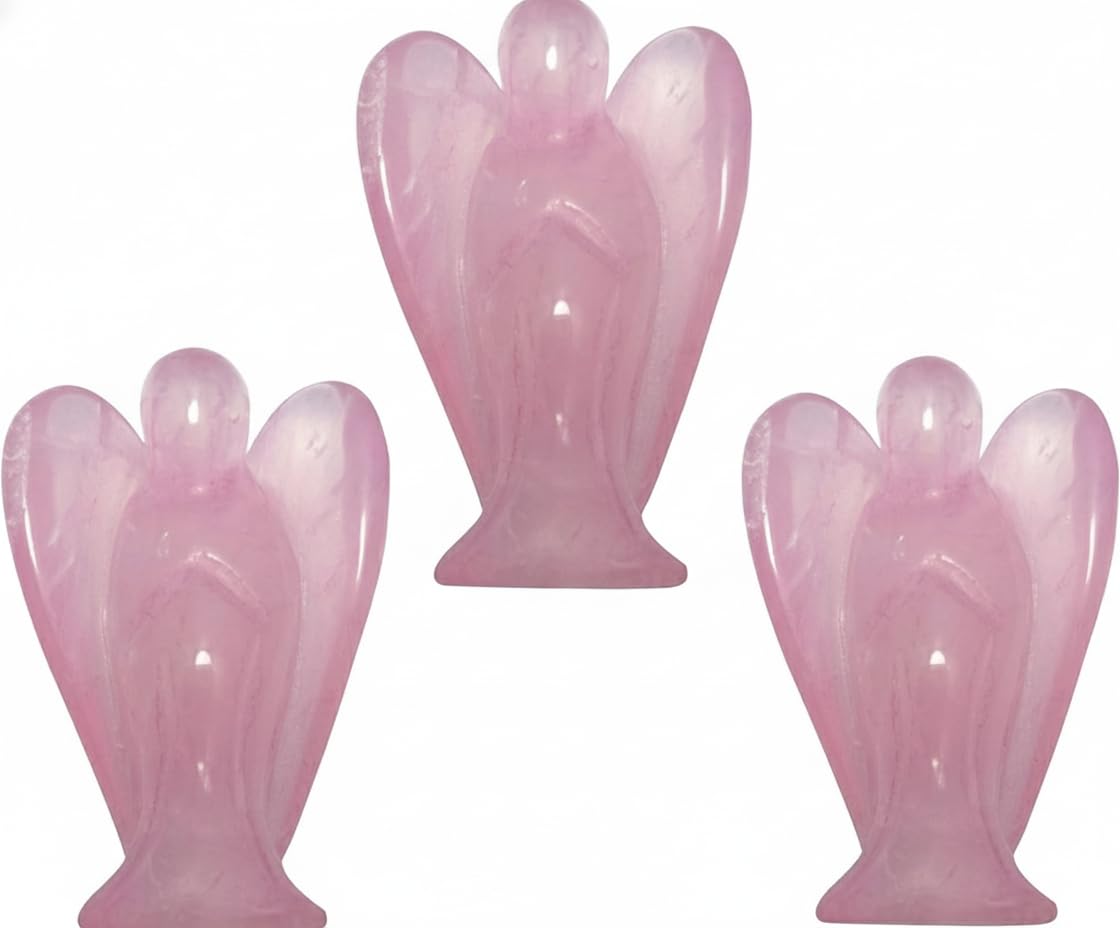 Mina Heal Pocket Guardian Angel Figurine, Hand-Carved Rose Quartz Crystal Statue, Palm-Size Angel Keepsake for Meditation, Comfort and Decorative Display (Set of 3)