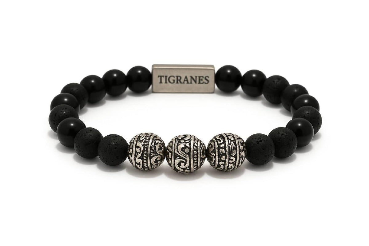 Onyx & Lava Stone Bracelet – Premium Handmade Natural Stone Jewelry with Stainless Steel Logo Plate (Onyx & Lava)