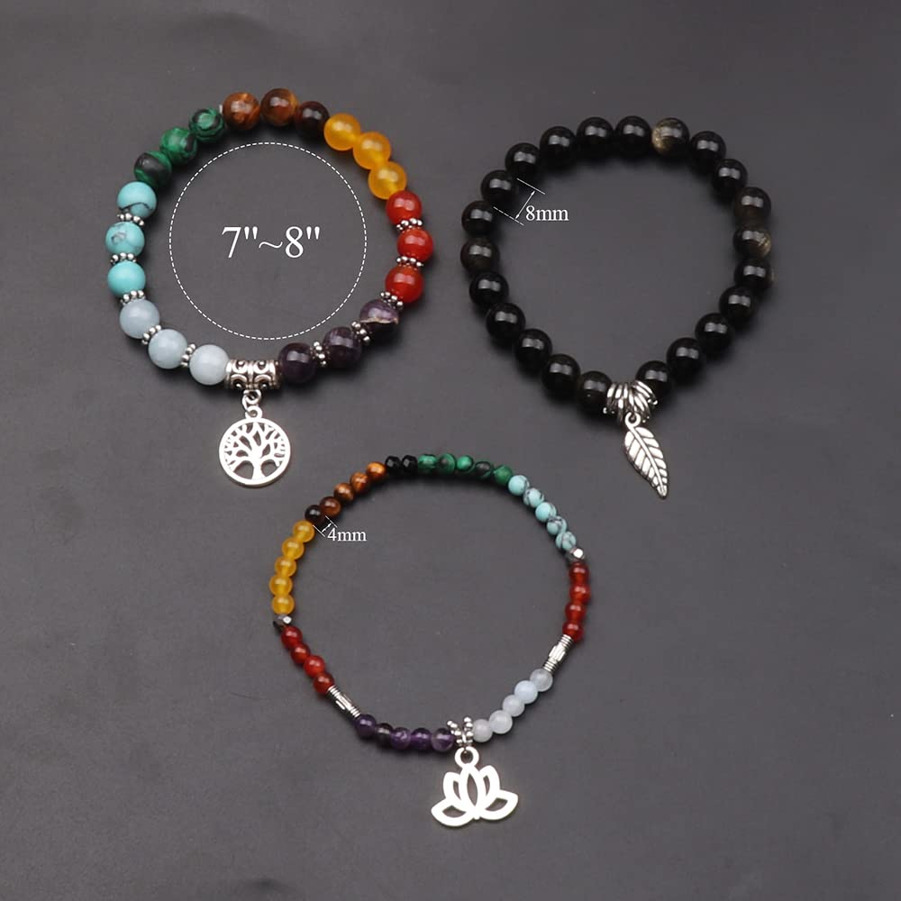 UEUC Natural Gemstone Chakra Bracelets for Women, Multilayer Tree of Life Lotus Crystal Healing Stone Bracelet Sets, Yoga Meditation Reiki Relax Bracelets for Stress Relief(#81)