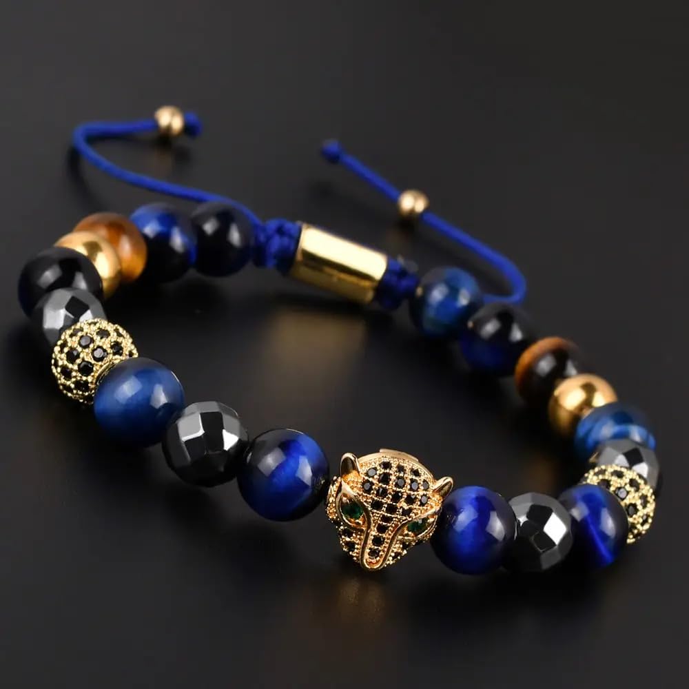 Blue Tiger Eye, Hematite CZ Leopard Charm Bracelet for Men and Women 8mm Natural Stone Beads Healing Crystals for Confidence Protection Focus Grounding Adjustable Braided Cord Spiritual Meditation Jewelry Yoga Gift Anxiety Relief Mindfulness Accessory Uni
