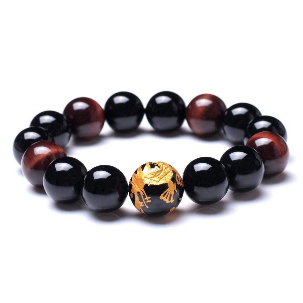 14mm Natural Lava Rock Black Beads Bracelets for Men | Vintage Design Yellow Tiger Eye Black Dragon Pattern Crystal Beaded Mens Bracelet | Bold Wrist Men’s Bracelets Beads Set for Layered Looks