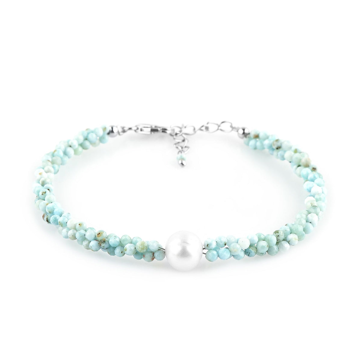 CRYSTALIS Natural Caribbean Larimar Beads Twisted Rope Bracelet with Elegant Pearl, High Grade Gemstones, Chakra Healing Stones, Womens Gift Jewelry, Silver Plated Brass Bracelet 8 inch