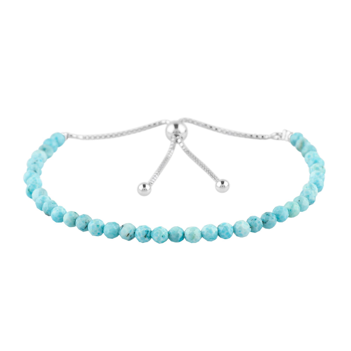 CRYSTALIS 4mm+ Natural Larimar Pectolite Beads Slider Bolo Bracelet, Beaded Crystals, Chakra Healing Stones, Delightful Womens Gemstone Jewelry, 925 Sterling Silver 10 inch