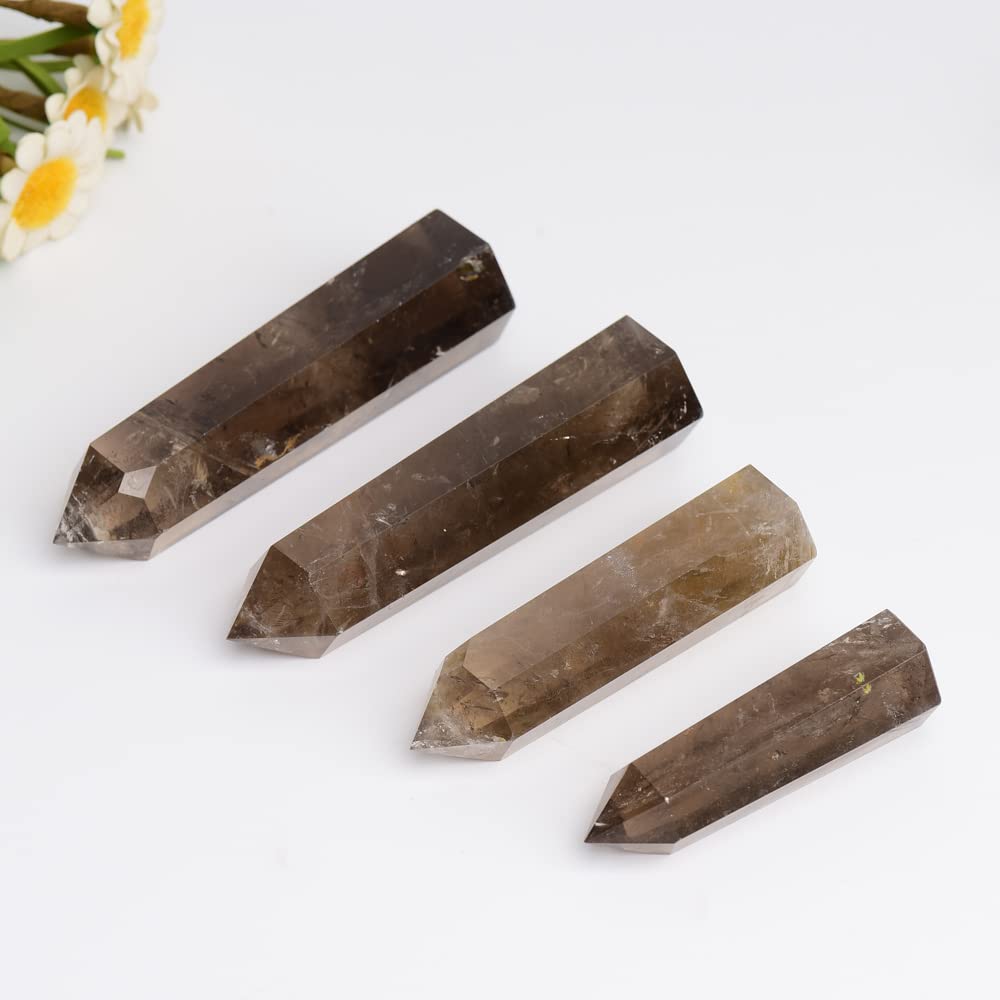 WUYOUSHI 1PCS Smoky Quartz Natural Crystal Towers2.75-3.54" Healing Crystal Wand 6 Faceted Chakra Reiki Meditation Therapy
