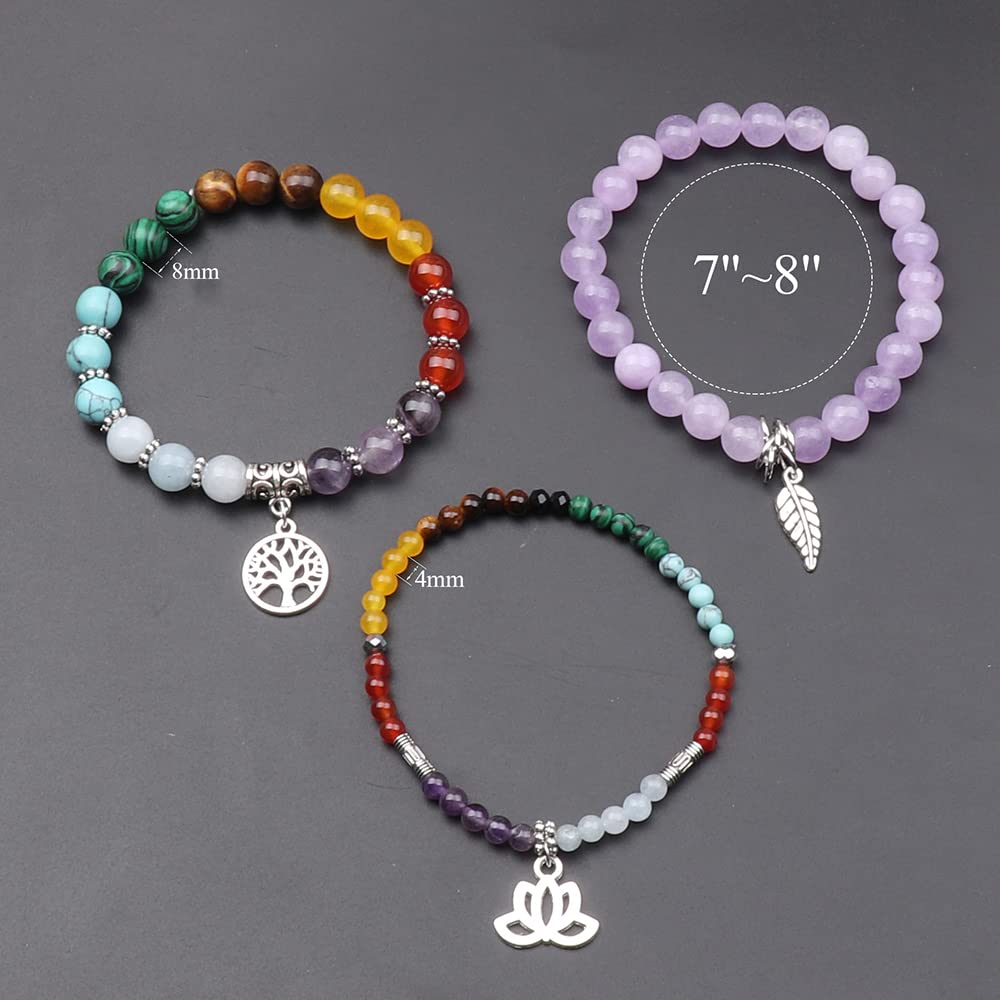 UEUC Natural Gemstone Chakra Bracelets for Women, Multilayer Tree of Life Lotus Crystal Healing Stone Bracelet Sets, Yoga Meditation Reiki Relax Bracelets for Stress Relief(#124)