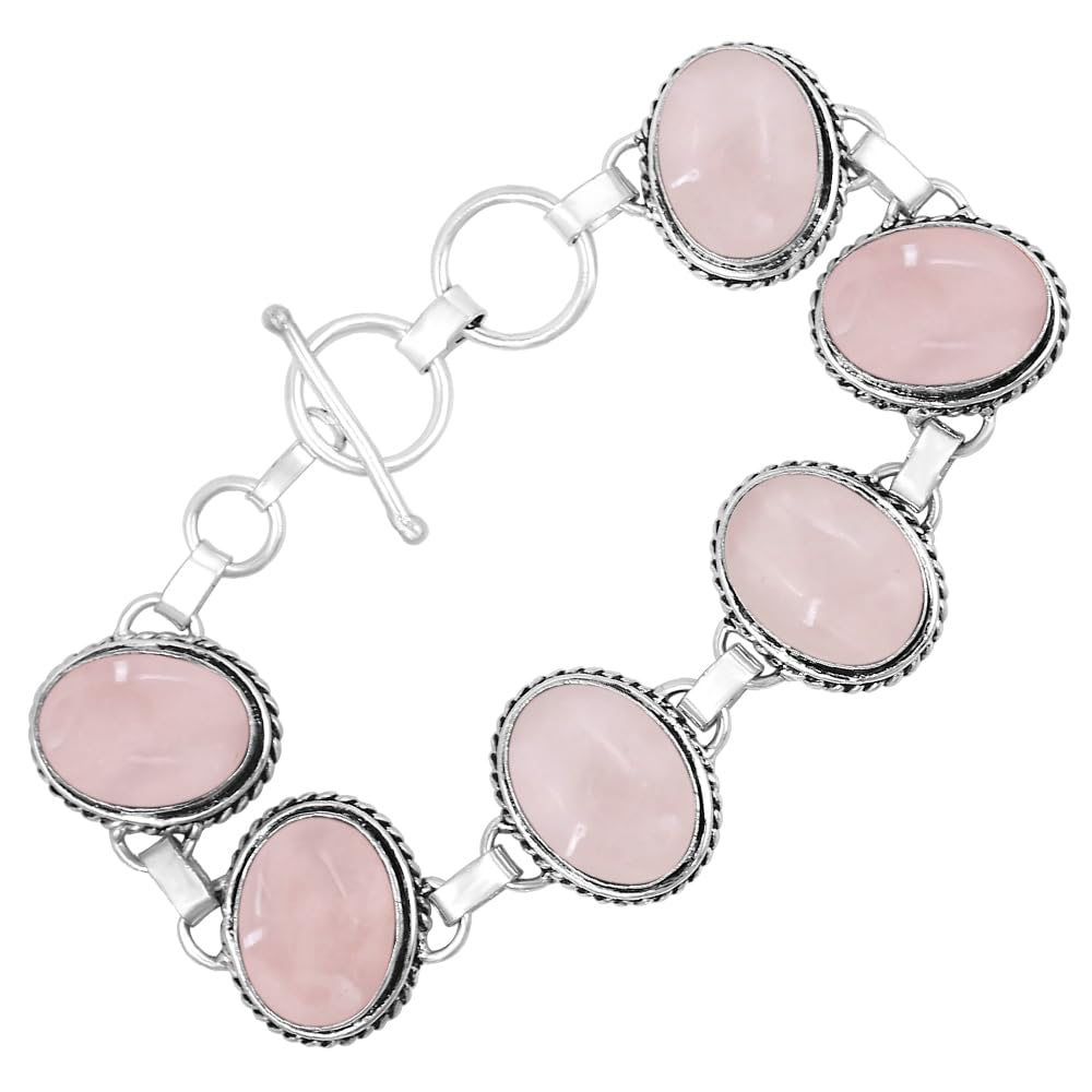 Natural Rose Quartz Silver Plated Handmade Link Bracelet for Women - Pink Color Oval Shape Gemstones January Birthstone Statement Adjustable Bracelet - Valentine Day Gifts for Her