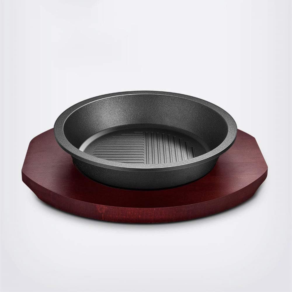 Charcuterie Board, Round Cast Iron Sizzling Steak Plate with Wooden Base Finish - Ideal for Pan Grilling Meats Seafood, Restaurant Supply Home and Kitchen Cooking Accessory(3.8cm)