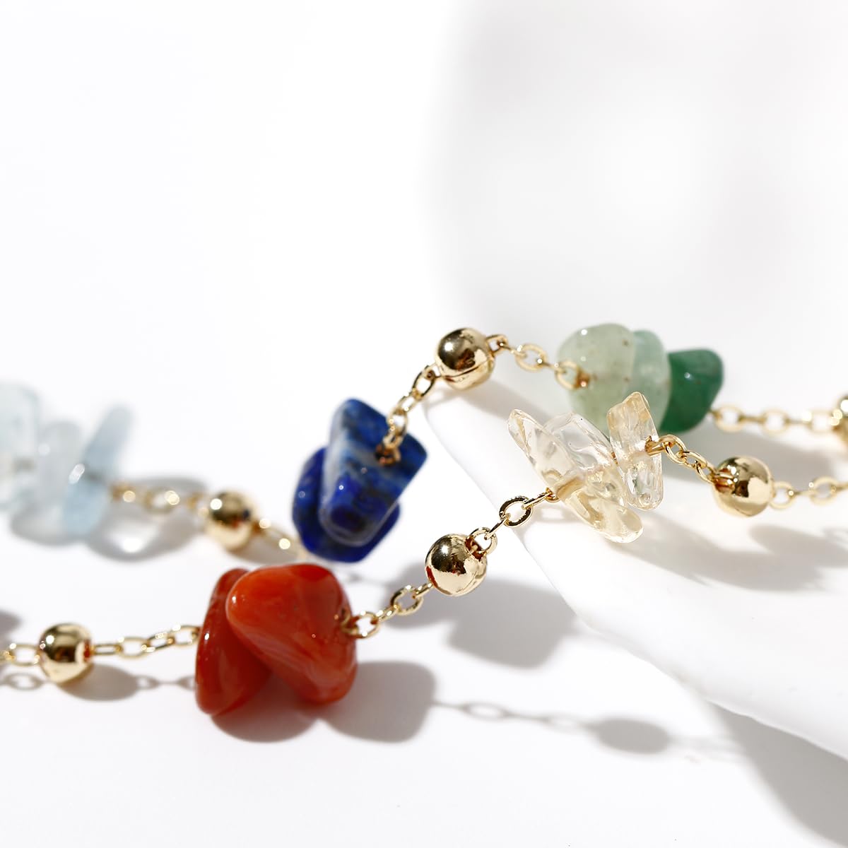 Jewever Chip Tumbled gems Bracelets for Women Copper Plated 14k Gold Chain Healing Crystals and Gemstones Bracelet Birthday Stone Gifts (Chakra)