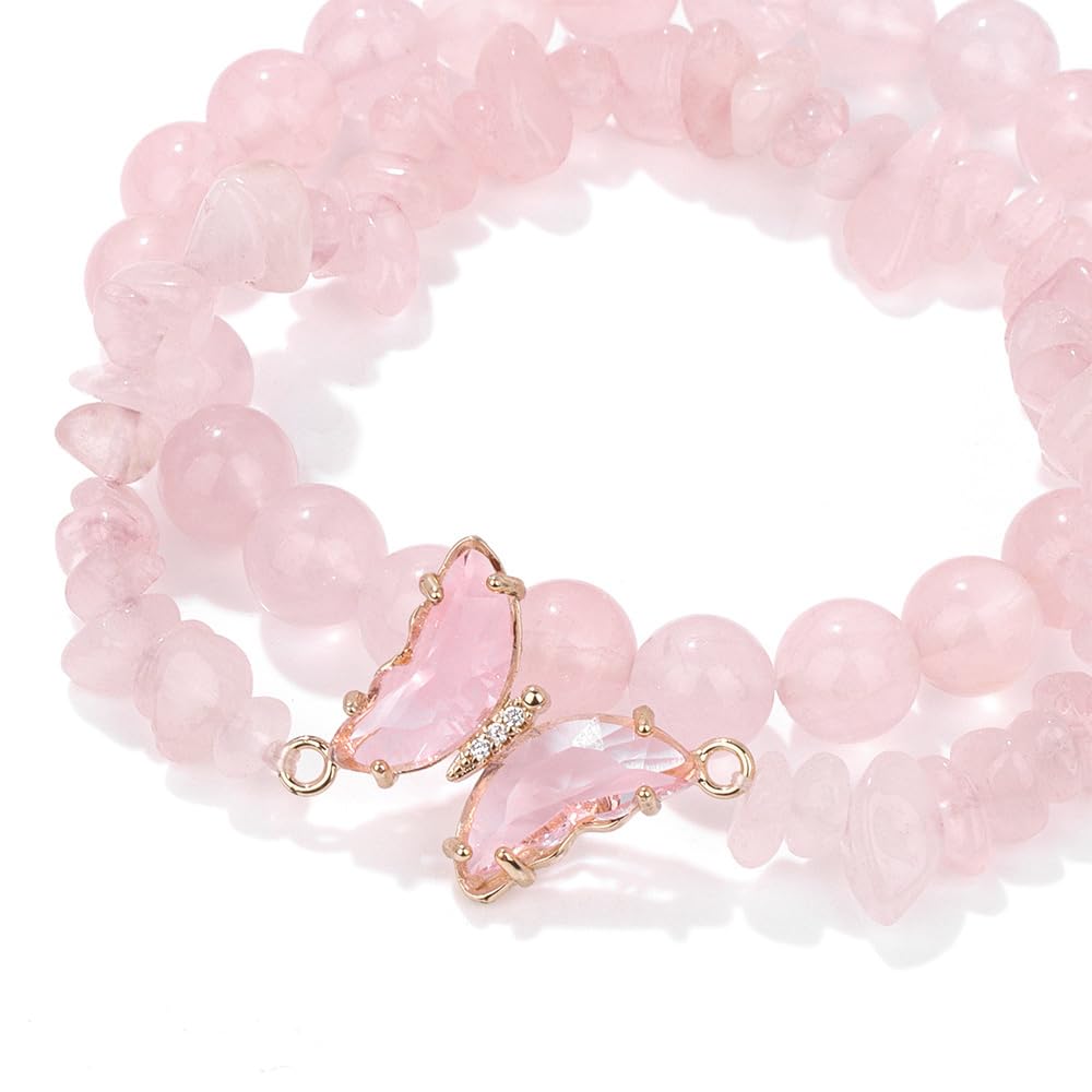 GolbalJew Rose Quartz Bracelet for Women Healing Crystal Stone Bracelets Pink Gemstone Beads Stretch Bracelet Butterfly Charms Jewelry Women Gift