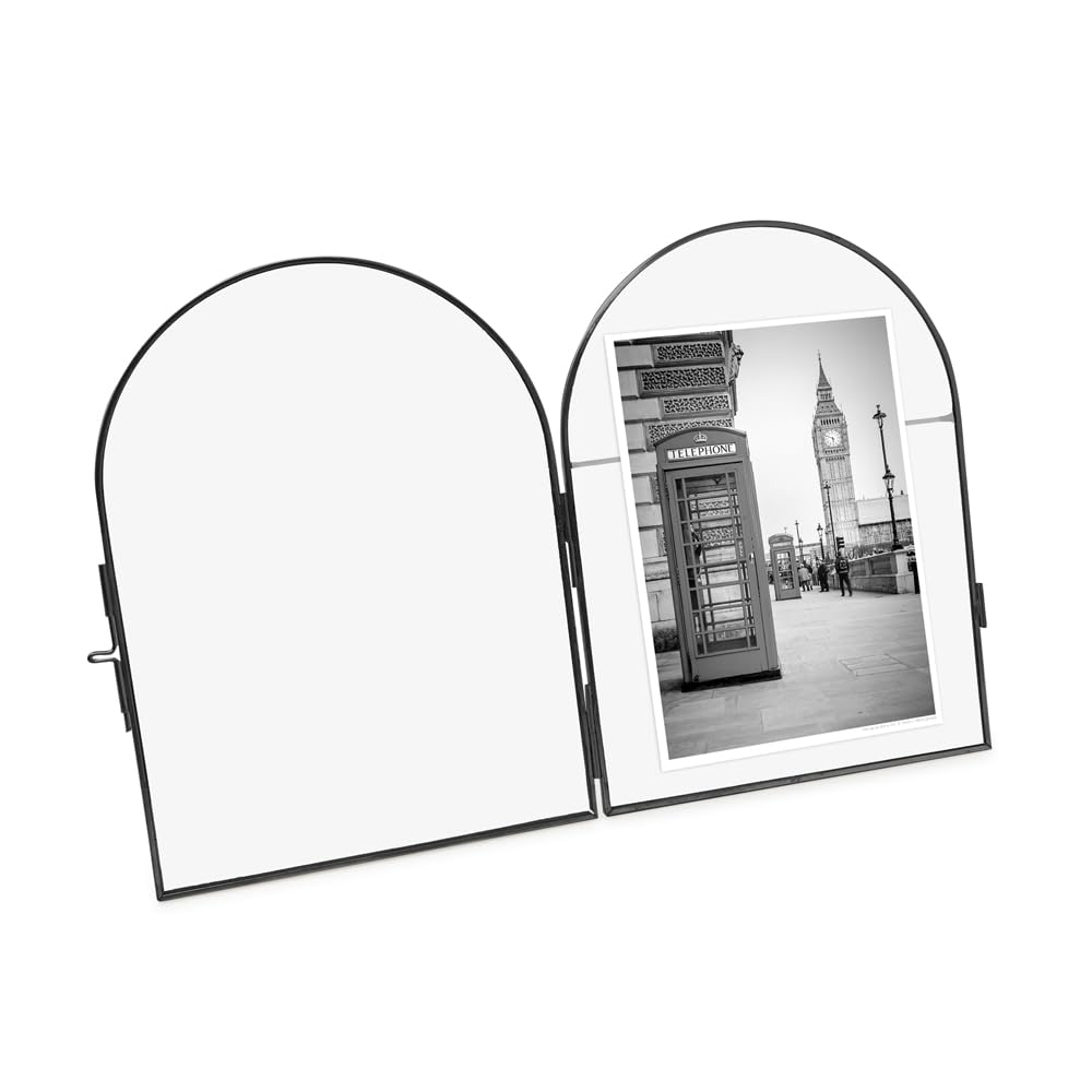 Isaac Jacobs 5x7 Vintage Style, Arched Brass & Glass Metal Floating Picture Frame with Locket Closure (Vertical), Made for Tabletop Display (5x7 Vertical, Black)