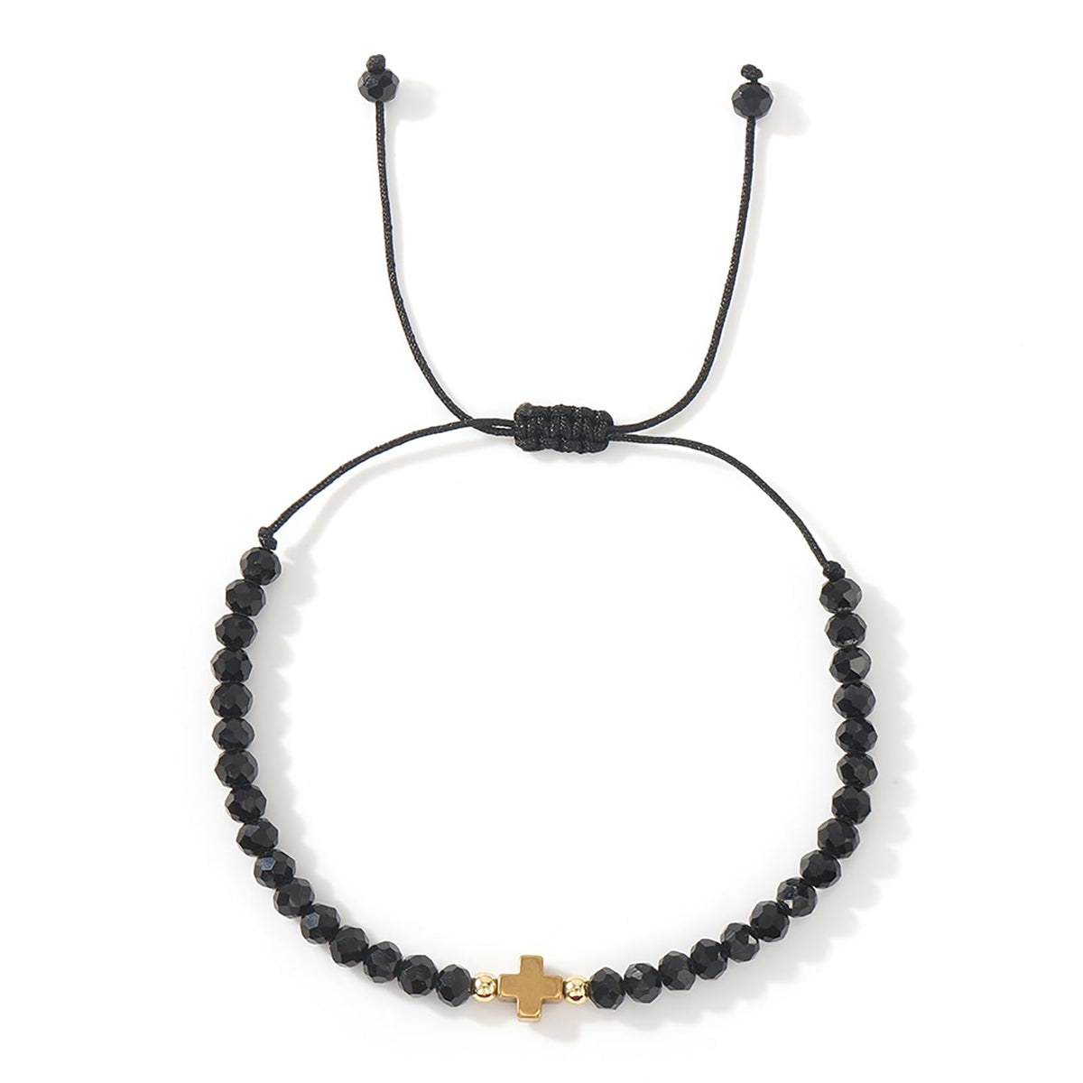Opalencian Black Crystal Beads Drawstring Bracelet for Women,Gold Plated Cross Bracelets Charm Beads Good Luck Handmade Fashion Jewelry Gifts