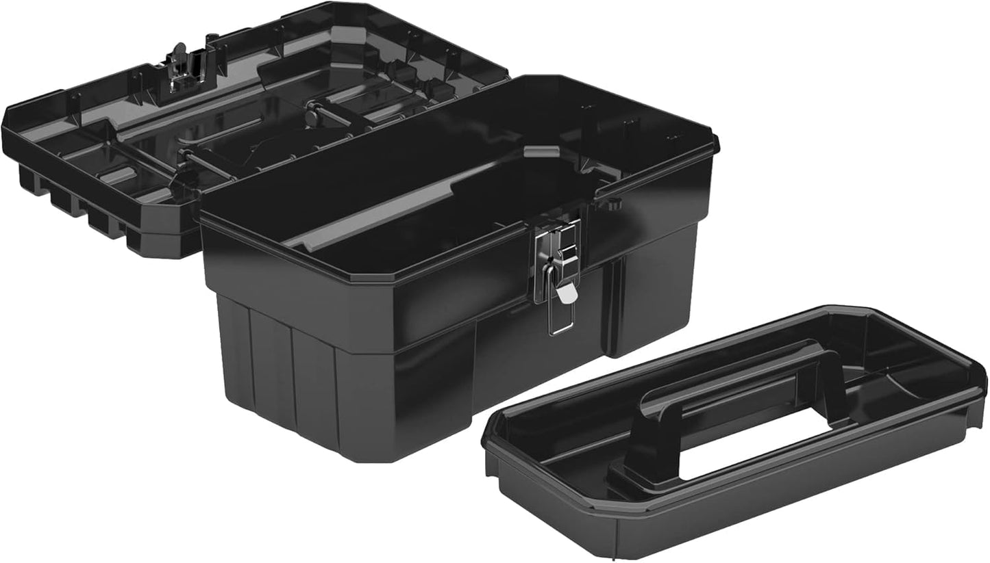 Akro-Mils 14-Inch Plastic Toolbox with Removable Tray, Steel Latch & Padlock Eye, Industrial-Grade Tool Box for Tools, Crafts, First Aid & Hobby Supplies, 14" x 8" x 8", Made in USA, Black (09514)