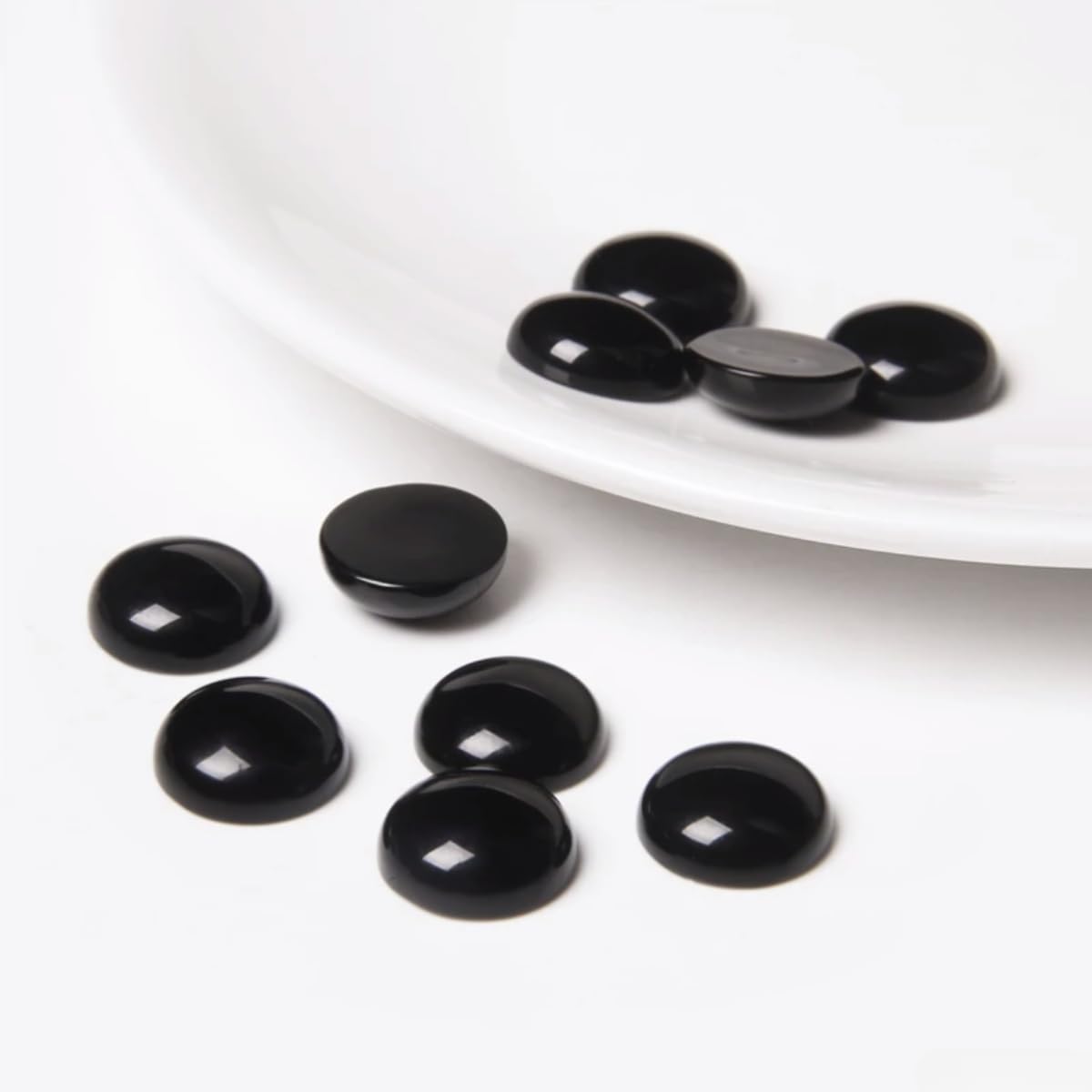 20pcs 10mm Natural Stone No Hole Black Agate Semicircle Smooth Cabochons Beads Healing Chakra Crystal Stone Bead for Jewelry Making Rings Earrings Necklace Bracelet DIY Crafts