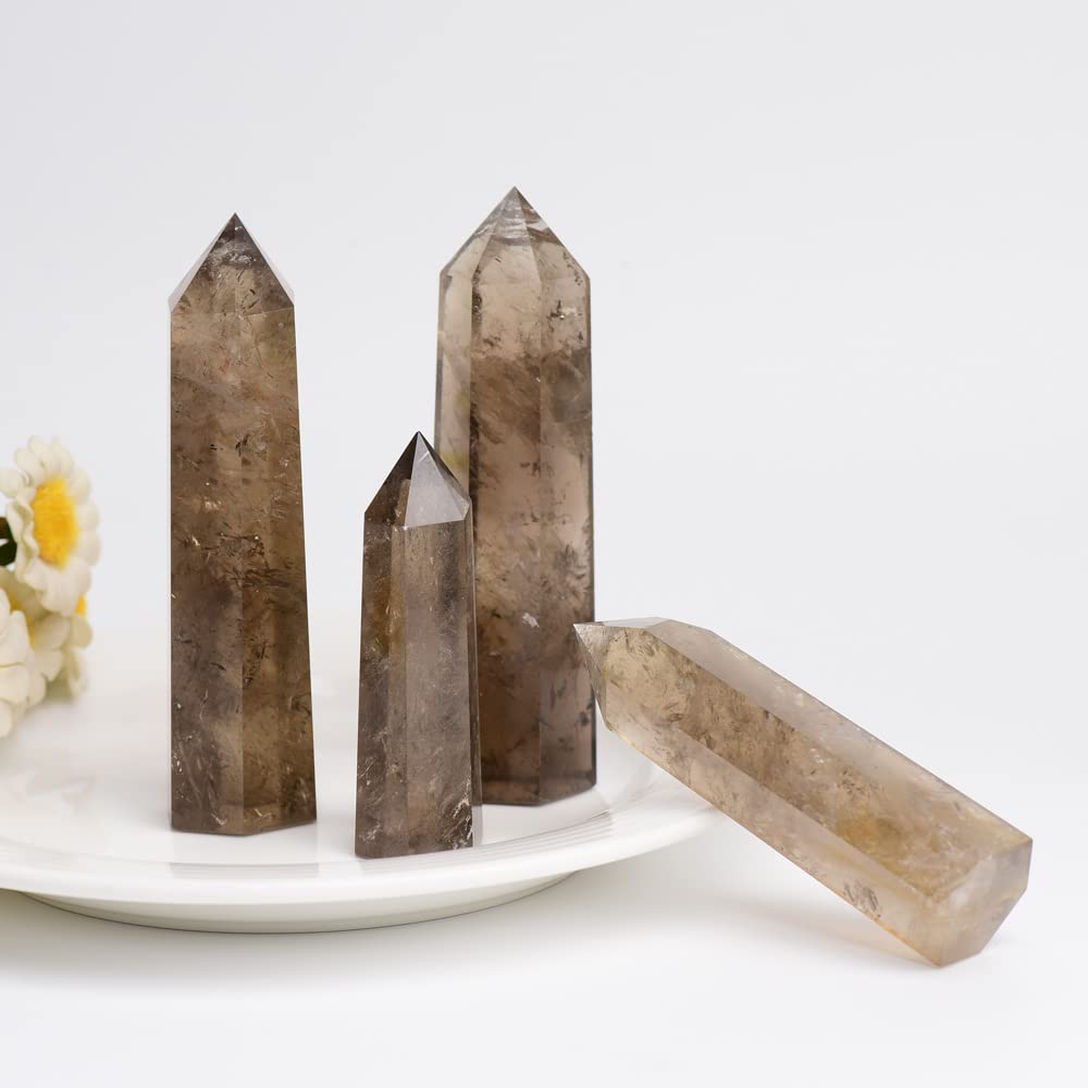 WUYOUSHI 1PCS Smoky Quartz Natural Crystal Towers2.75-3.54" Healing Crystal Wand 6 Faceted Chakra Reiki Meditation Therapy