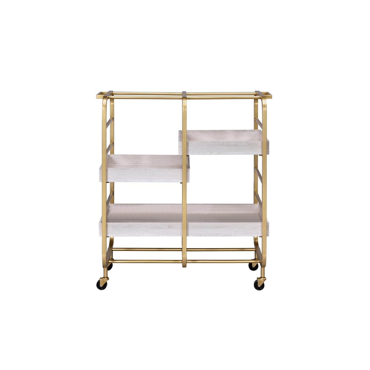 Gold & White Washed Finish Rectangular Serving Cart - 3 Open Compartments for Kitchen and Dining Room Storage