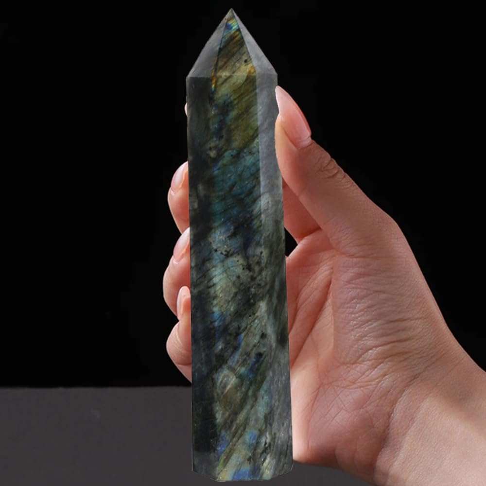 Natural Labradorite Crystal Point - 5.8-6.2 inch Labradorite Wand with Iridescent Rainbow Flash Stone for Energy Protection, Spiritual Awakening & Decoration - (Labradorite /5.8-6.2 inch 2pcs)